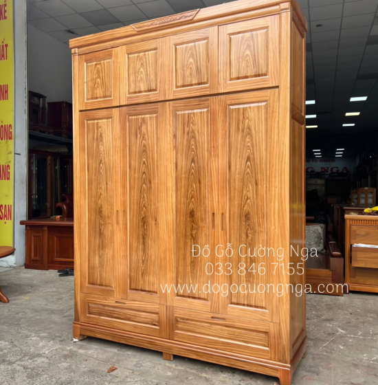 Tủ Áo Gỗ Hương Xám 4 Cánh Cao 2 Tầng Bền Đẹp 
