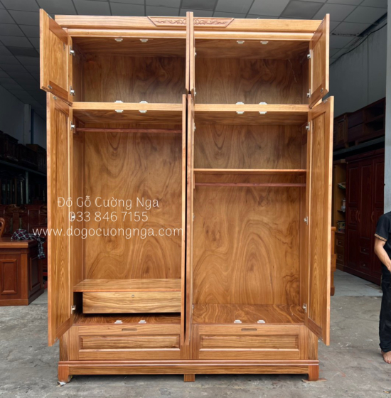 Tủ Áo Gỗ Hương Xám 4 Cánh Cao 2 Tầng Bền Đẹp 