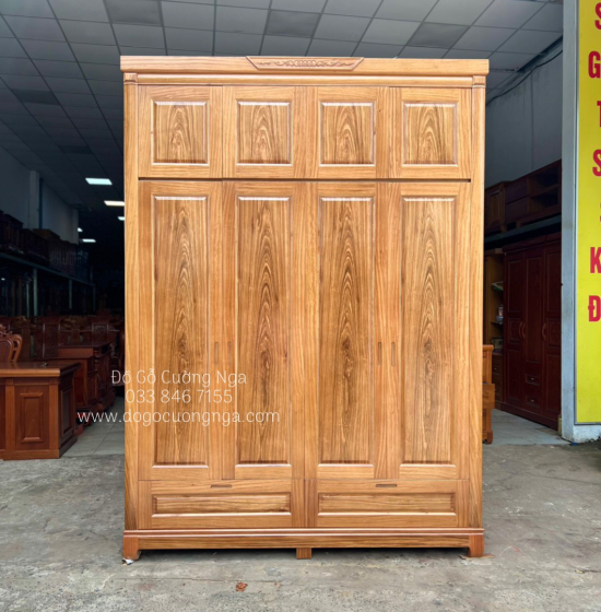 Tủ Áo Gỗ Hương Xám 4 Cánh Cao 2 Tầng Bền Đẹp 