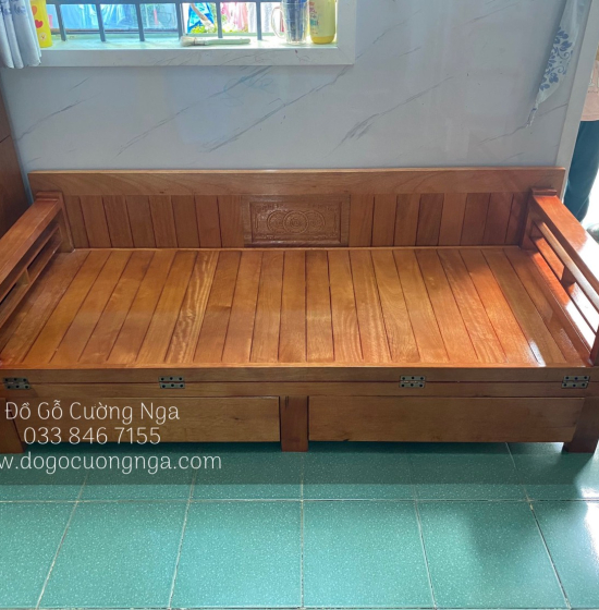 Ghế Giường Gỗ Sồi 2 Ngăn Kéo 1m4x1m9 Màu Cánh Gián Đẹp Giá Rẻ 