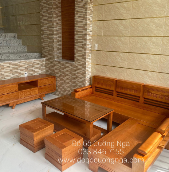 Bộ Bàn Ghế Sofa Góc L Gỗ Sồi Nga 2mx1m8 Lau Màu Gõ Đỏ - Tay Trứng 