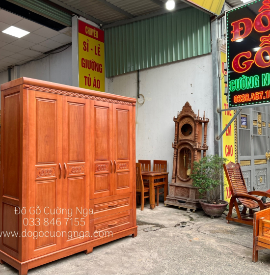 Tủ Quần Áo Gỗ Xoan Đào 4 Cánh Hiện Đại - Đồng Tiền 