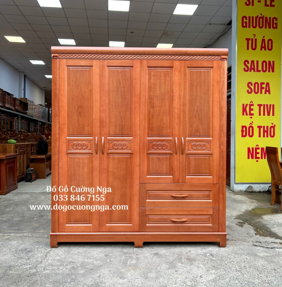 Tủ Quần Áo Gỗ Xoan Đào 4 Cánh Hiện Đại - Đồng Tiền 