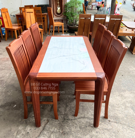 Bàn Ăn Gỗ Xoan Đào Mặt Đá 6 Ghế Hiện Đại BG 1-105