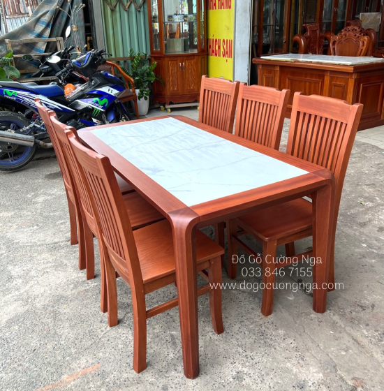 Bàn Ăn Gỗ Xoan Đào Mặt Đá 6 Ghế Hiện Đại BG 1-105