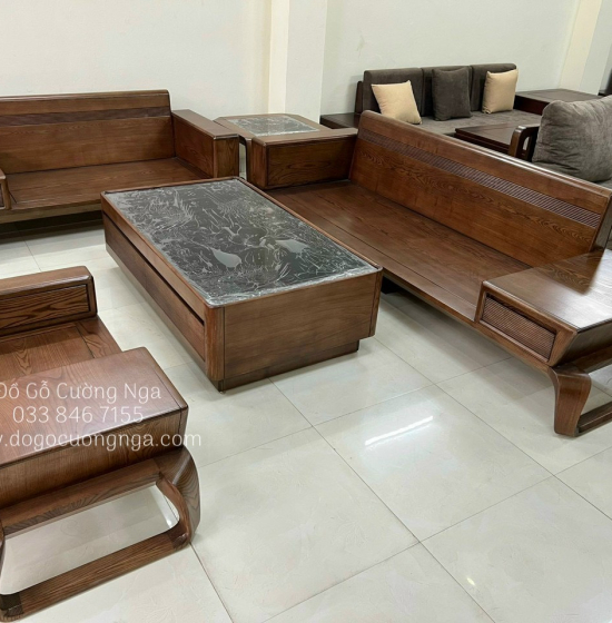 Bàn Ghế Sofa Gỗ Sồi Nga 2 Văng Chân Xoắn Lau Màu Óc Chó Hiện Đại 