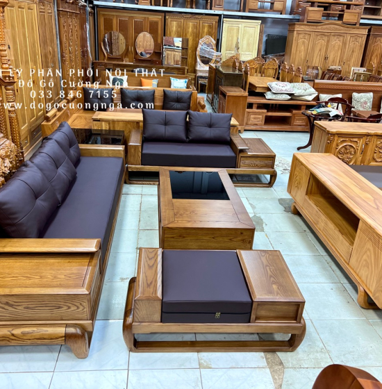 Bộ Ghế Sofa Hai Văng Gỗ Sồi Nga Lau Màu Hương Cao Cấp 
