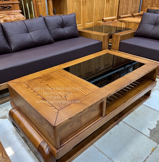 Bộ Ghế Sofa Hai Văng Gỗ Sồi Nga Lau Màu Hương Cao Cấp 