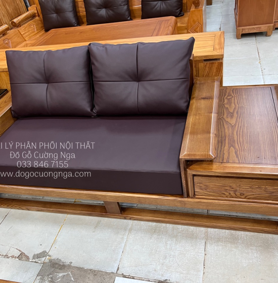 Bộ Ghế Sofa Hai Văng Gỗ Sồi Nga Lau Màu Hương Cao Cấp 