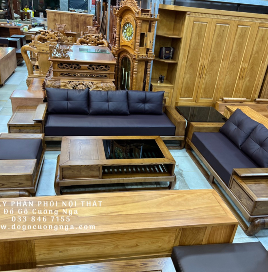 Bộ Ghế Sofa Hai Văng Gỗ Sồi Nga Lau Màu Hương Cao Cấp 