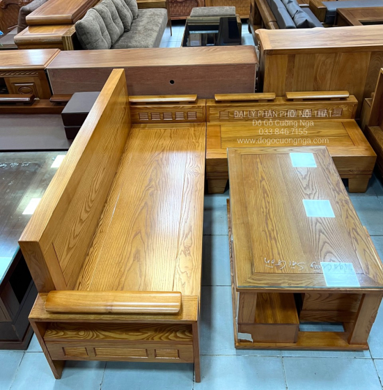Bộ Bàn Ghế Sofa Góc L Gỗ Sồi Nga 2mx1m8 Giá Rẻ - Lau Màu Gõ Đỏ 