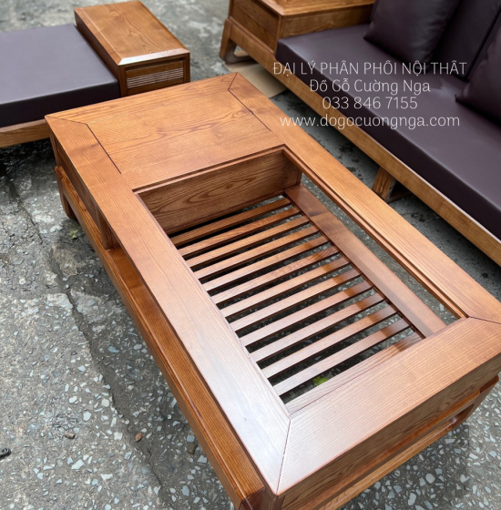 Bàn Ghế Sofa Gỗ Sồi Nga 2 Văng Choãi - Lau Màu Óc Chó SF 071