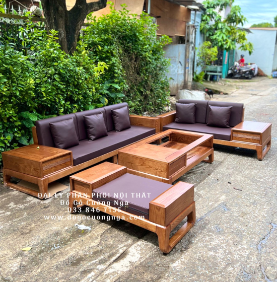 Bàn Ghế Sofa Gỗ Sồi Nga 2 Văng Choãi - Lau Màu Óc Chó SF 071