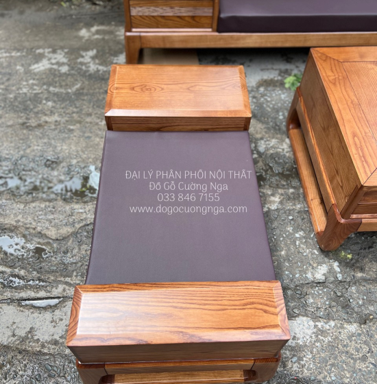 Bàn Ghế Sofa Gỗ Sồi Nga 2 Văng Choãi - Lau Màu Óc Chó SF 071
