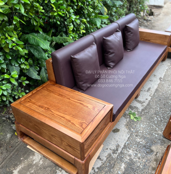 Bàn Ghế Sofa Gỗ Sồi Nga 2 Văng Choãi - Lau Màu Óc Chó SF 071