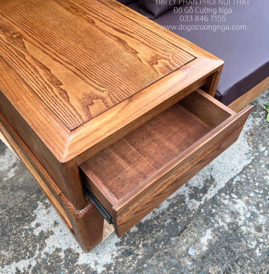 Bàn Ghế Sofa Gỗ Sồi Nga 2 Văng Choãi - Lau Màu Óc Chó SF 071