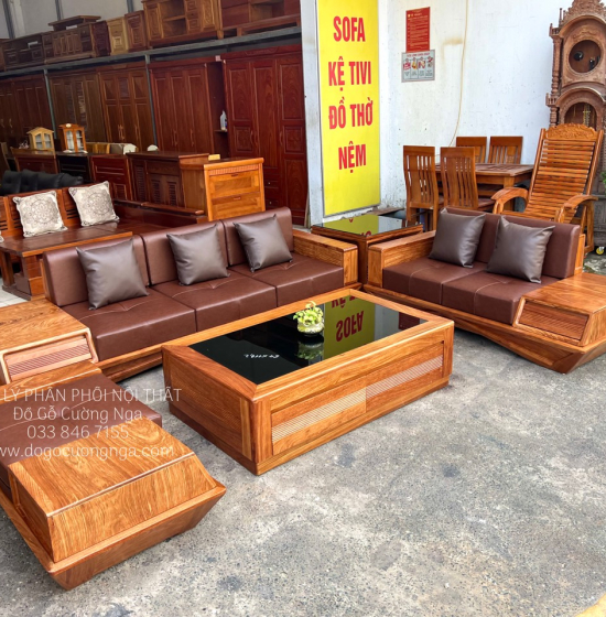 Bộ Ghế Sofa Gỗ Hương Vàng Cao Cấp - Mẫu 2 Văng Thuyền Kèm Nệm 