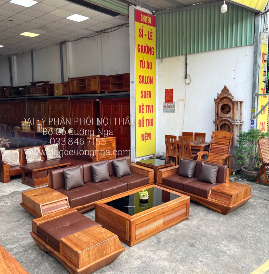 Bộ Ghế Sofa Gỗ Hương Vàng Cao Cấp - Mẫu 2 Văng Thuyền Kèm Nệm 