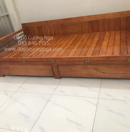 Ghế Giường Gỗ Sồi 2 Ngăn Kéo 1m4x1m9 Màu Cánh Gián Đẹp Giá Rẻ 