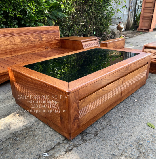 Ghế Sofa Gỗ Hương Vàng Cao Cấp Kèm Nệm - Ghế 2 Văng Sang Trọng 