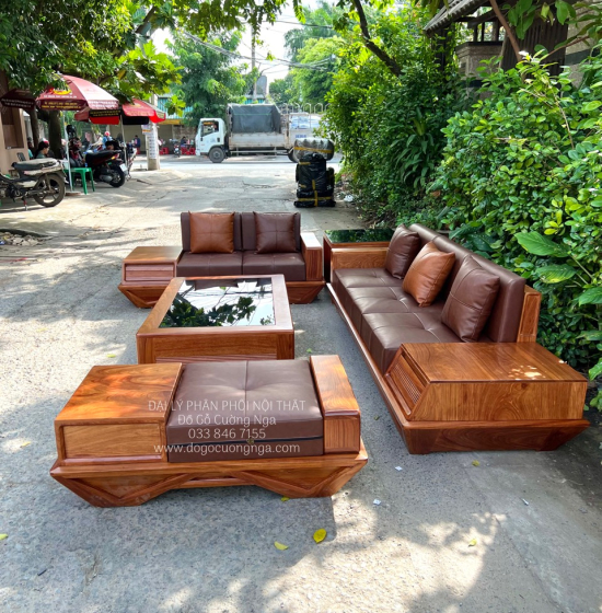 Ghế Sofa Gỗ Hương Vàng Cao Cấp Kèm Nệm - Ghế 2 Văng Sang Trọng 