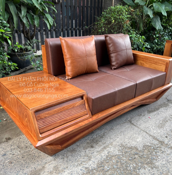 Ghế Sofa Gỗ Hương Vàng Cao Cấp Kèm Nệm - Ghế 2 Văng Sang Trọng 