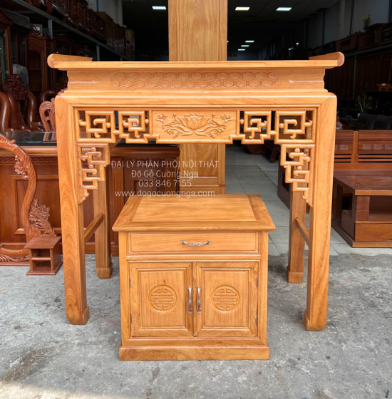 Bàn Thờ Gia Tiên Gỗ Gõ Đỏ 1m27 Trạm Sen 2 Chi Tiết BT 1.02