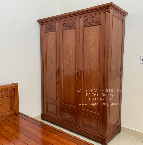 Tủ quần áo gỗ xoan đào 3 cánh giá rẻ - mẫu vòm 