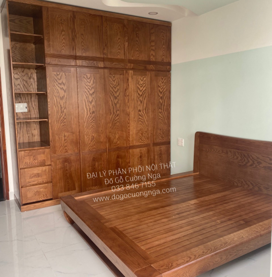 Giường Ngủ Kiểu Nhật Gỗ Sồi Nga Lau Màu Óc Chó Hiện Đại 