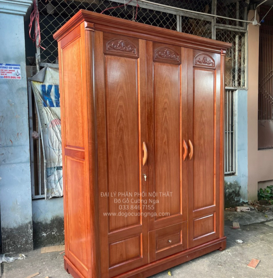 Tủ quần áo gỗ xoan đào 3 cánh giá rẻ - mẫu vòm 
