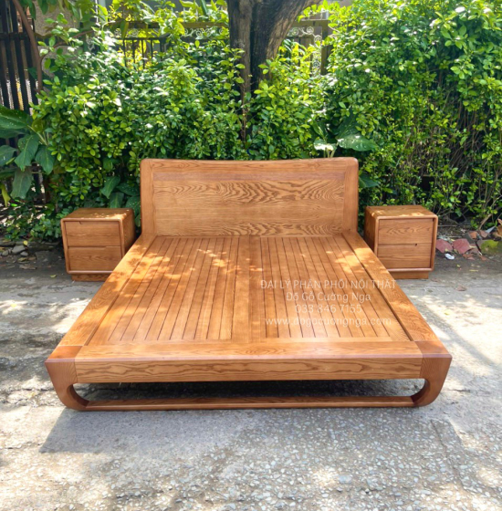 Giường Ngủ Kiểu Nhật Gỗ Sồi Nga Lau Màu Óc Chó Hiện Đại 