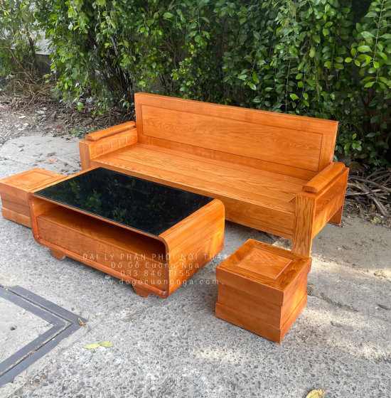 Ghế Sofa Góc L Gỗ Sồi Nga Lau Màu Gõ Đỏ 2mx1m8 - Bàn Hiện Đại
