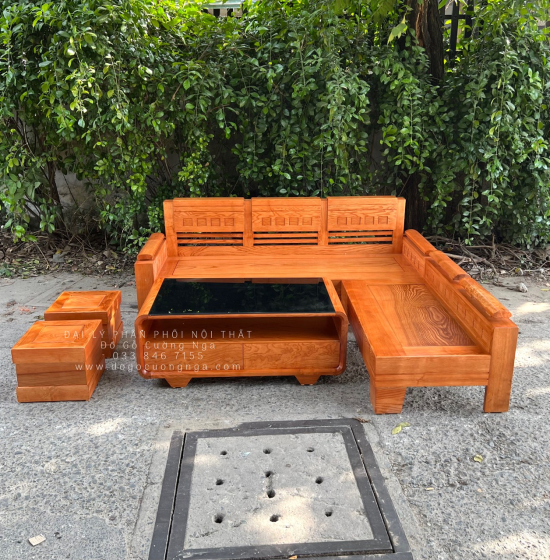 Bộ Sofa Góc Gỗ Sồi Nga 2mx1m8 Tựa Trứng - Lau Màu Gõ Đỏ 