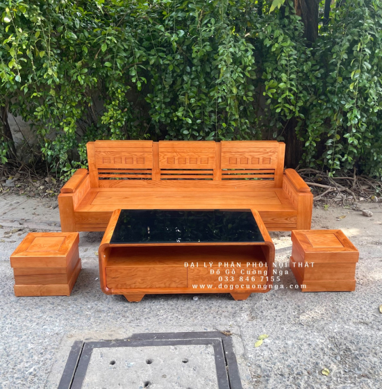 Bộ Sofa Góc Gỗ Sồi Nga 2mx1m8 Tựa Trứng - Lau Màu Gõ Đỏ 