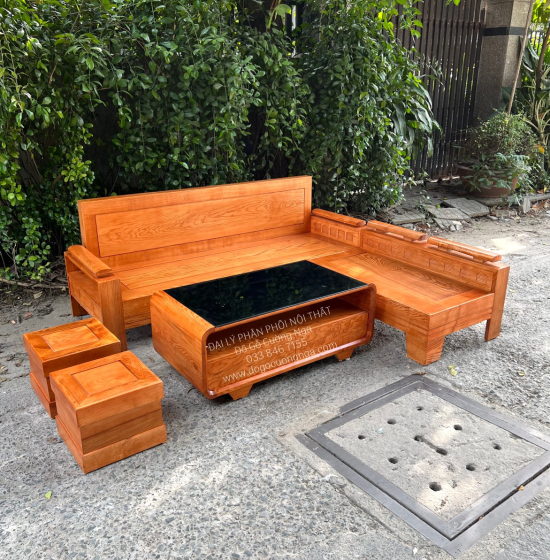 Ghế Sofa Góc L Gỗ Sồi Nga Lau Màu Gõ Đỏ 2mx1m8 - Bàn Hiện Đại