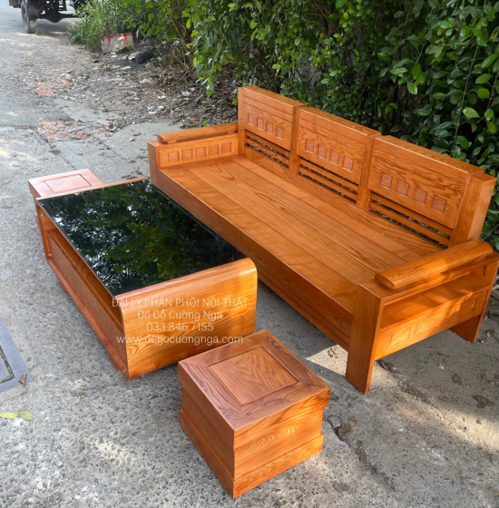 Bộ Sofa Góc Gỗ Sồi Nga 2mx1m8 Tựa Trứng - Lau Màu Gõ Đỏ 