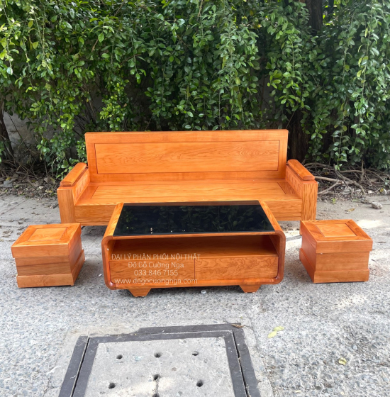 Ghế Sofa Góc L Gỗ Sồi Nga Lau Màu Gõ Đỏ 2mx1m8 - Bàn Hiện Đại