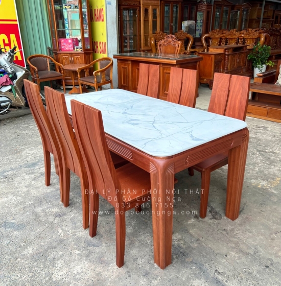 Bộ bàn ăn gỗ Xoan Đào mặt đá 1m6 - 6 ghế chân soi BG 035