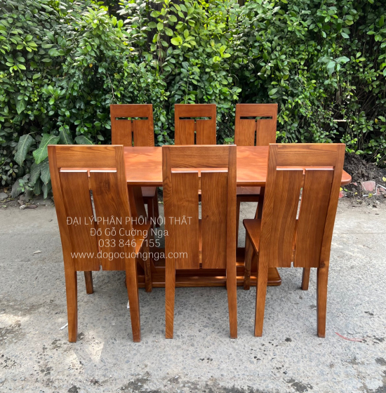 Bàn Ăn Gỗ Sồi Nga Lau Màu Óc Chó 6 Ghế - Chân Thuyền BG 11-3