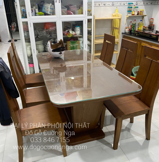 Bàn Ăn Gỗ Sồi Nga Lau Màu Óc Chó 6 Ghế - Chân Thuyền BG 11-3