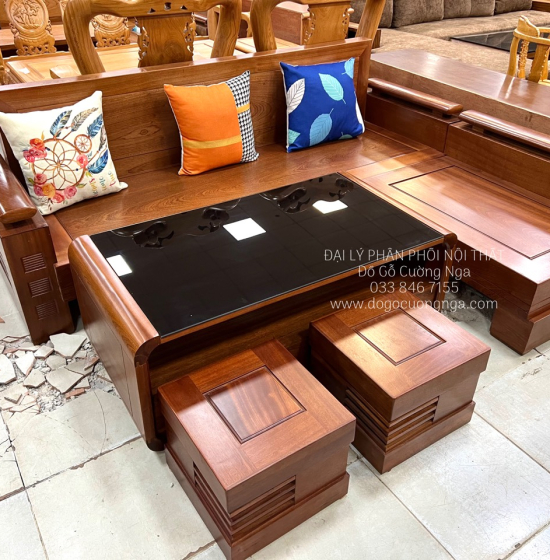 Bàn Ghế Sofa Góc L Gỗ Xoan Đào 2m1x1m6 Bàn Bom Hiện Đại 