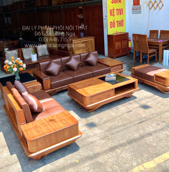 Bàn Ghế Sofa Gỗ Hương Vàng 2 Văng Chân Thuyền Nệm Cao Cấp 