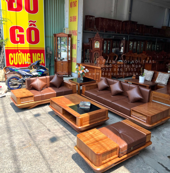 Bàn Ghế Sofa Gỗ Hương Vàng 2 Văng Chân Thuyền Nệm Cao Cấp 