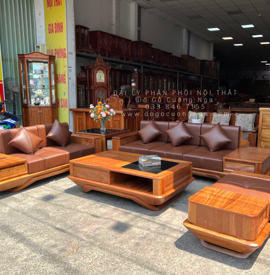 Bàn Ghế Sofa Gỗ Hương Vàng 2 Văng Chân Thuyền Nệm Cao Cấp 
