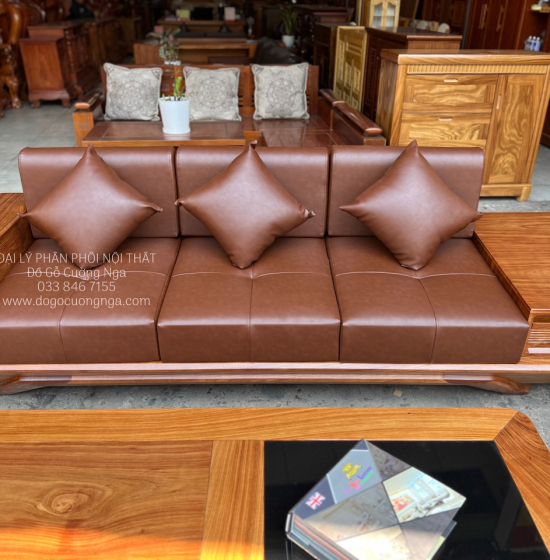 Bàn Ghế Sofa Gỗ Hương Vàng 2 Văng Chân Thuyền Nệm Cao Cấp 