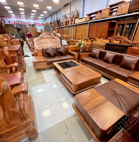 Bàn Ghế Sofa Gỗ Hương Vàng 2 Văng Chân Thuyền Nệm Cao Cấp 