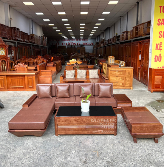 Bàn Ghế Sofa Gỗ Sồi Nga Chân Thuyền Lau Màu Óc Chó 2m8x1m9 