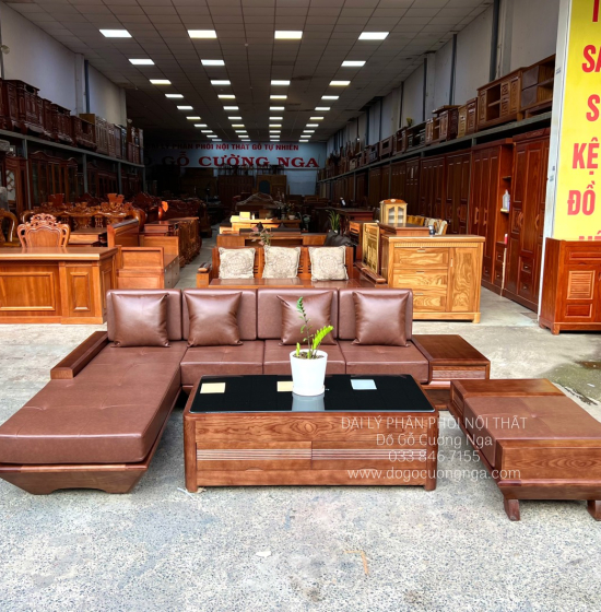 Bàn Ghế Sofa Gỗ Sồi Nga Chân Thuyền Lau Màu Óc Chó 2m8x1m9 
