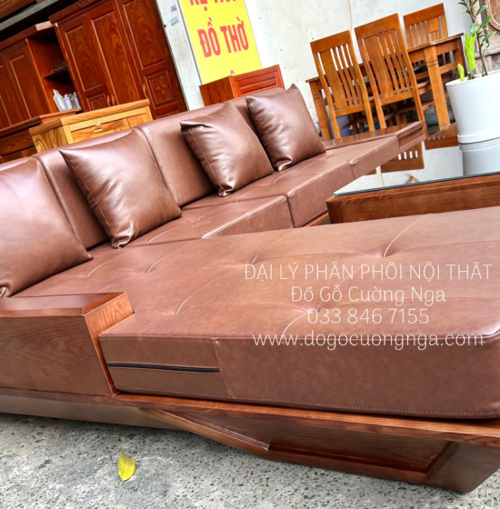 Bàn Ghế Sofa Gỗ Sồi Nga Chân Thuyền Lau Màu Óc Chó 2m8x1m9 