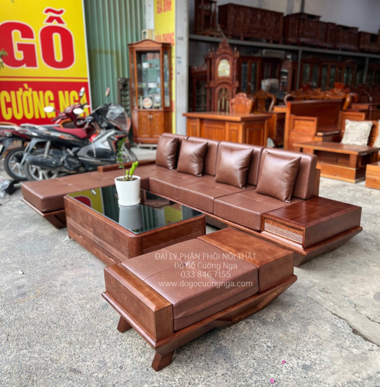 Bàn Ghế Sofa Gỗ Sồi Nga Chân Thuyền Lau Màu Óc Chó 2m8x1m9 